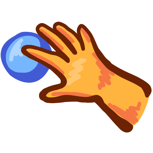 A yellow hand reaching out for a blue ball.